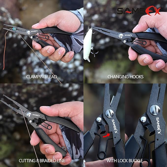 SAMSFX Locking Fishing Pliers Saltwater Resistant Teflon Coated Briad Line Cutters with Wire Coiled Lanyard, Sheath & Quick Knot Tool Combo