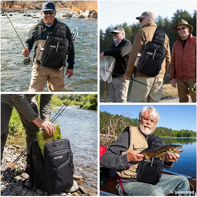 Goture Black Fishing Bag with Tackle Boxes, Crossbody Sling Tackle Backpack for Men, 20L Large Capacity Fits 3600 Trays, Durable Fishing Gear Storage, Best Fishing Gifts for Anglers