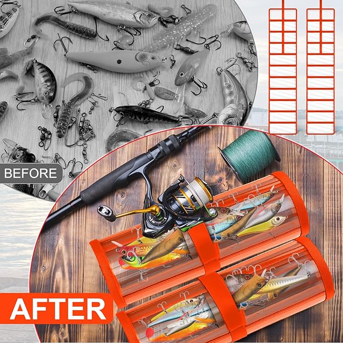 Soulchen 2 Pcs Roll up Fishing Lure Wraps Lure Covers Set 10 Pocket Fishing Hook Covers Clear PVC Bait Bag Tackle Storage Bags & Wraps Easily See Lures Storage Organizer Protector(Orange)