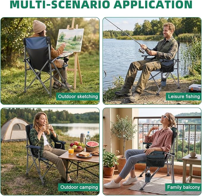 New Folding Fishing Chair with Rod Holder, 150Kg Heavy Duty All Terrain Chair with Side Pocket, Cup Holder, Portable Adults Armchair for Outdoor, Camping, Garden, Beach, Lawn, Picnic MB & B