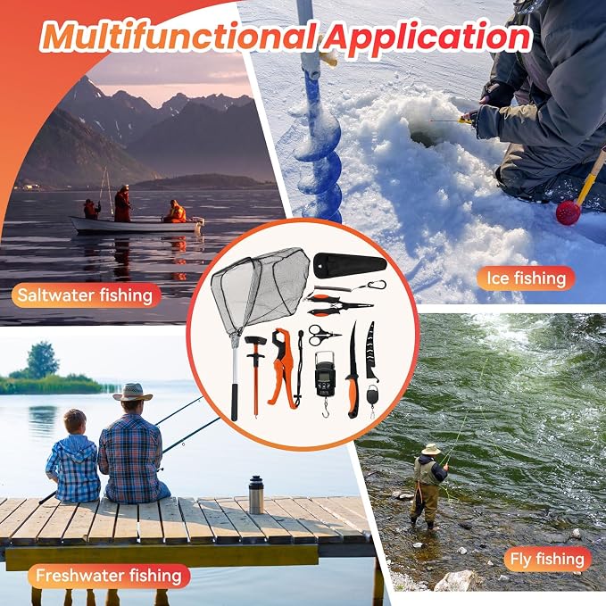 RAWILL 9 Pcs Fishing Tool Kit, Fishing Pliers with Lanyard and Protective Sheaths, Landing Net, Fillet Knife, Fish Scale, Gripper