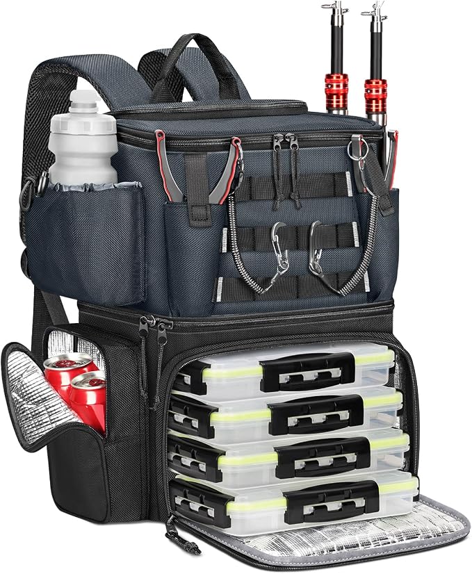 MATEIN Fishing Backpack with 4 Tackle Boxes, Fishing Bag with Rod Holder & Safety Compass & Cooler, Gifts for Fishermen