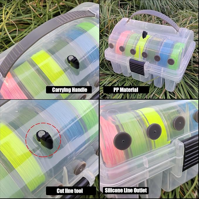 Aventik Clear Fishing Line Organizer Built-in Cutter & Silicone Holes 6C/8C Clear Tangle Free Spool Storage Box for Fishing Line Management