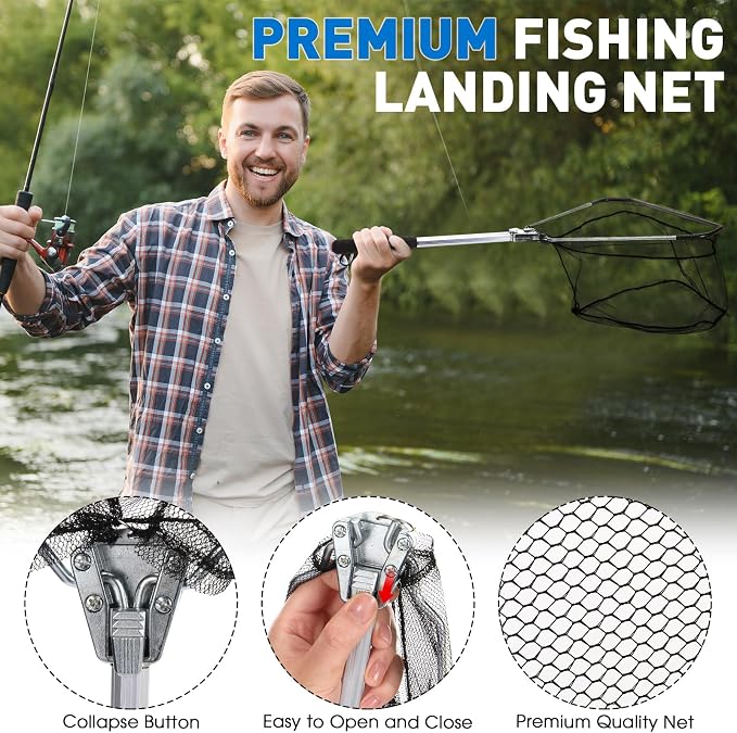 RoundFunny 10 Pcs Fishing Tool Kit, Fishing Pliers with Lanyard and Protective Sheaths, Landing Net, Fillet Knife, Fish Scale, Gripper, Hook Remover, Braid Scissors, Gloves for Men Dad Gift