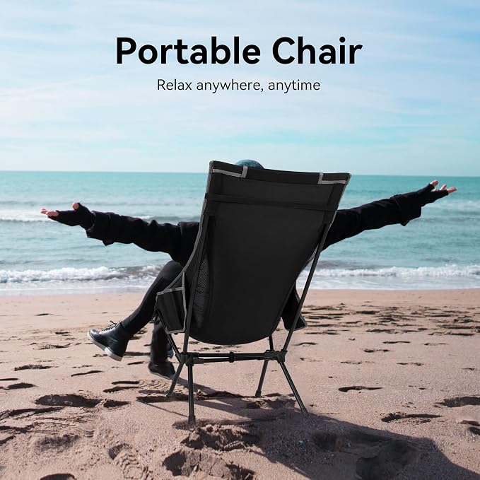 TOBTOS Portable High Back Camping Chair, Support 440 lbs, Ultralight Folding Chair with Head Support, Compact Backpacking Chair for Outdoor Camp Backpacking Fishing (Black)