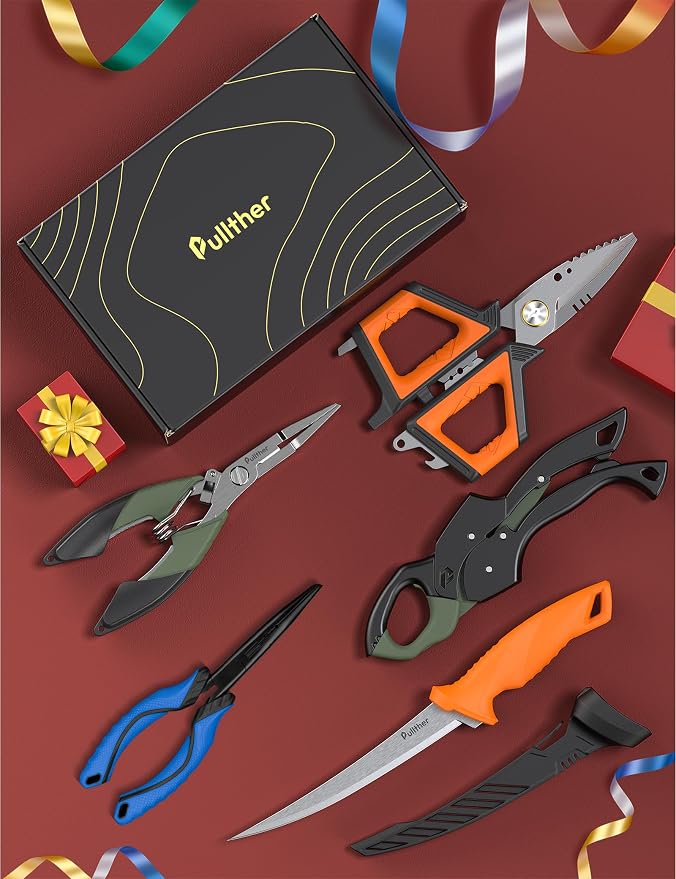 5PC Fishing Tool Kit - Fillet Knife, 2PC Fishing Pliers,Fishing Braid Scissors and Fish Lip Gripper, Fishing Gear for Fly Fishing, Ice Fishing