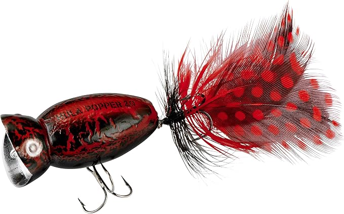 Arbogast Hula Popper 2.0 Topwater Fishing Lure with Feathered Treble Hook and Crackle Pattern Body