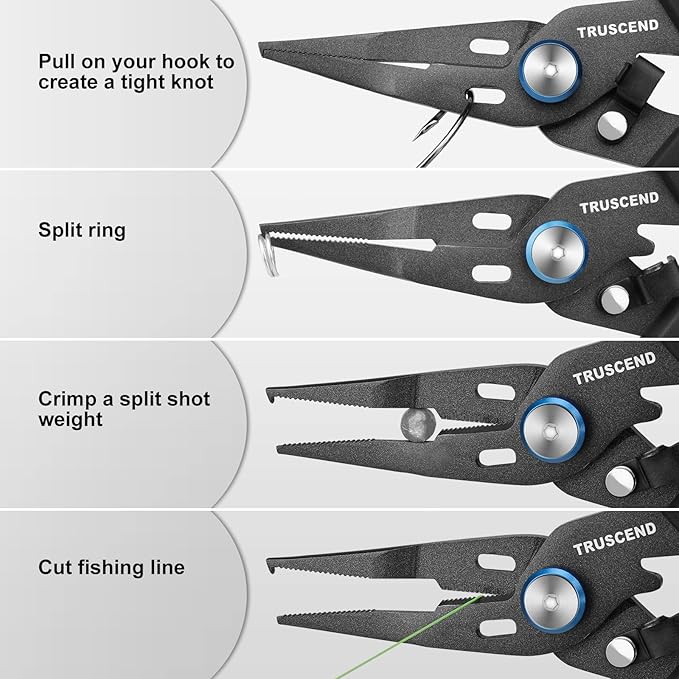 TRUSCEND Easy Use Lockable Fishing Pliers with Tungsten Carbide Cutter, Innovative Ergonomic Handy Handle, Saltwater Corrosion Resistant Teflon Coated Fishing Tool, Light Multi-Function Fishing Gear