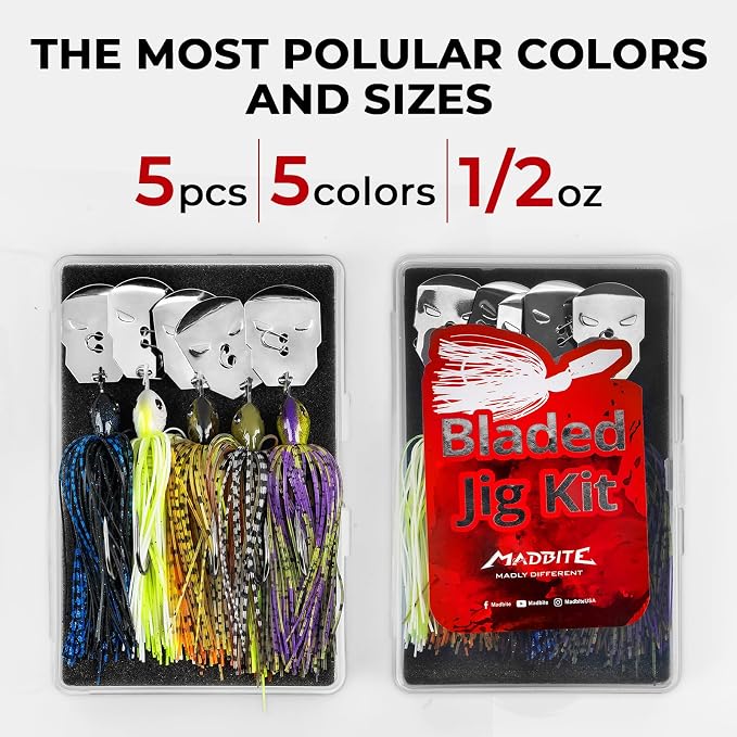 MadBite by KastKing Bladed Jig Fishing Lures, Multi-Color Kits, Irresistible Vibrating Action, Sticky-Sharp Heavy-Wire Needle Point Hooks, Popular 3/8 oz and 1/2 oz Sizes, Includes Storage Box