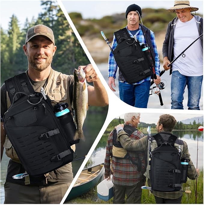 Goture Black Tackle Bag with Trays, Fishing Backpack for Men Professional Fishing Gear Organizer with MOLLE System, Rod Holder