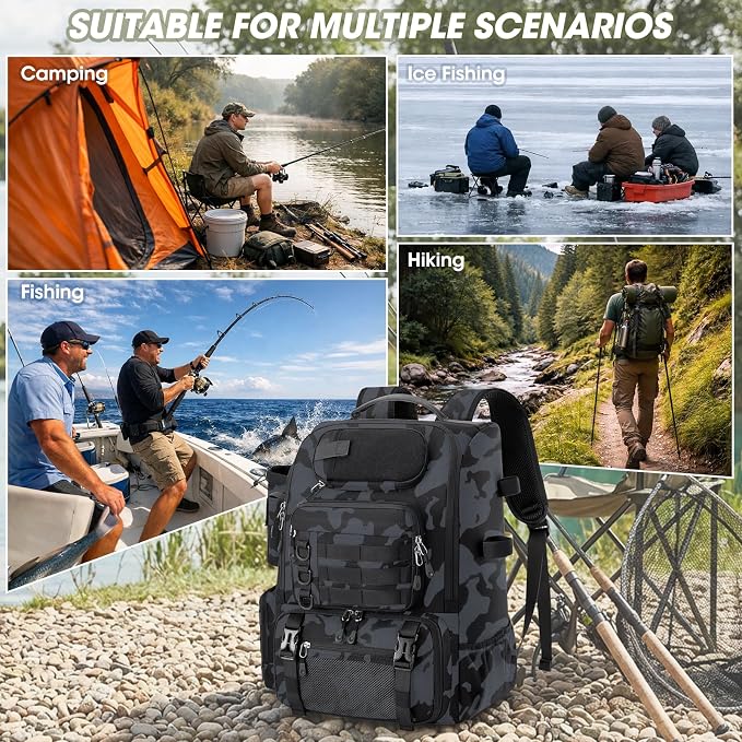 RAINSMORE Fishing Backpack with Rod Holders & Cooler 40L Water Resistant Tackle Backpack with Rain Cover Store Fishing Gear