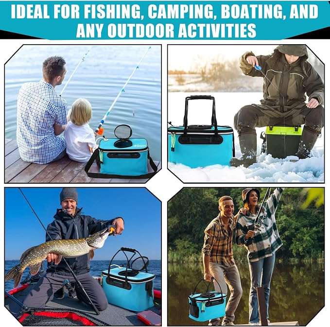 2 Pcs Fishing Bucket and Live Bait Aerator, Foldable Multi Functional Live Bucket Portable Quiet Aerator Outdoor Camping Fishing EVA Bag