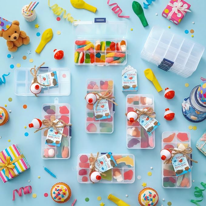 Wonderjune 12 Sets Fishing Party Favors Candy Little Tackle Boxes with Red White Floater Thank You Cards for Making My Reel Fishing Theme Party Decorations