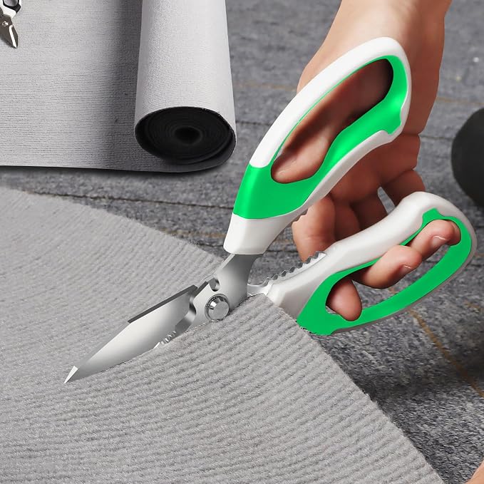 BoFuYuan 8-Inch Utility Scissors All Purpose Heavy Duty, Serrated Blade, Green Comfort Grip for Cutting Carpet, Cardboard, Leather, Fabric, Multipurpose Sharp Shears for Kitchen, Garden, Office, Carft