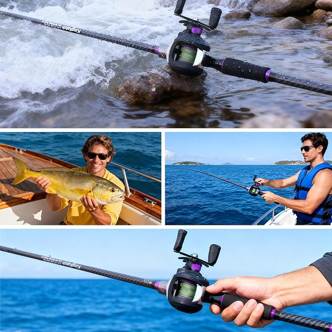 24-Ton Carbon & Fiberglass Spinning/Casting Rod, Lightweight 2-Piece Sensitive Fishing Rod with Ceramic Guides & Split-Grip Handle for Bass, Trout, Pike