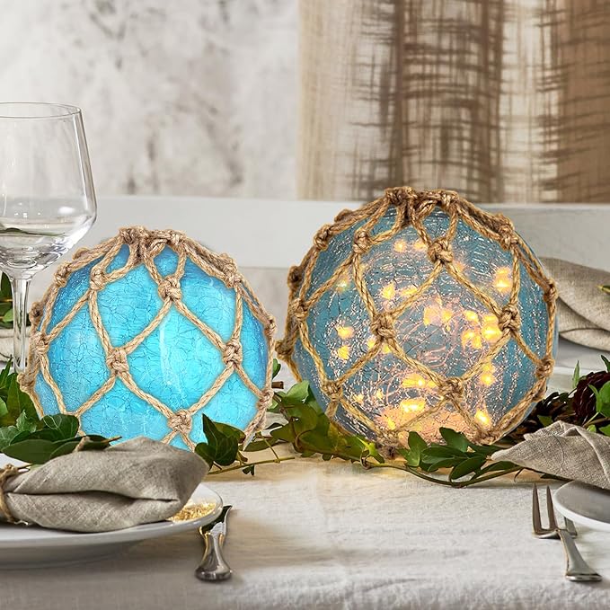 5.91" Blue Glass Fishing Float Night Light,Cracked Glass Ball, Battery Powered Nautical Coastal Decor Beach Bathroom Decor (Blue)