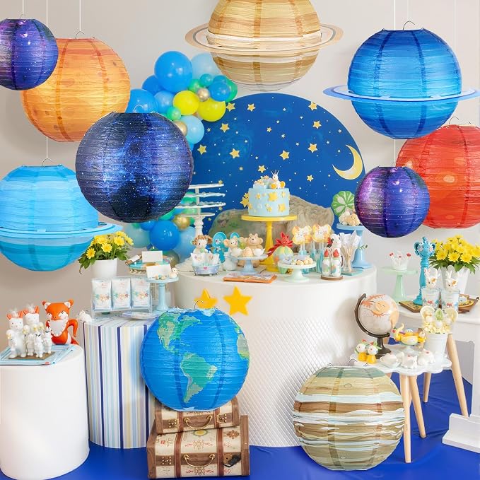 Hortsun 12 Pcs Paper Hanging Lanterns Birthday Decorations 12 Inch, 8 Inch Hanging Paper Lanterns for Party Decoration Supplies (Space)