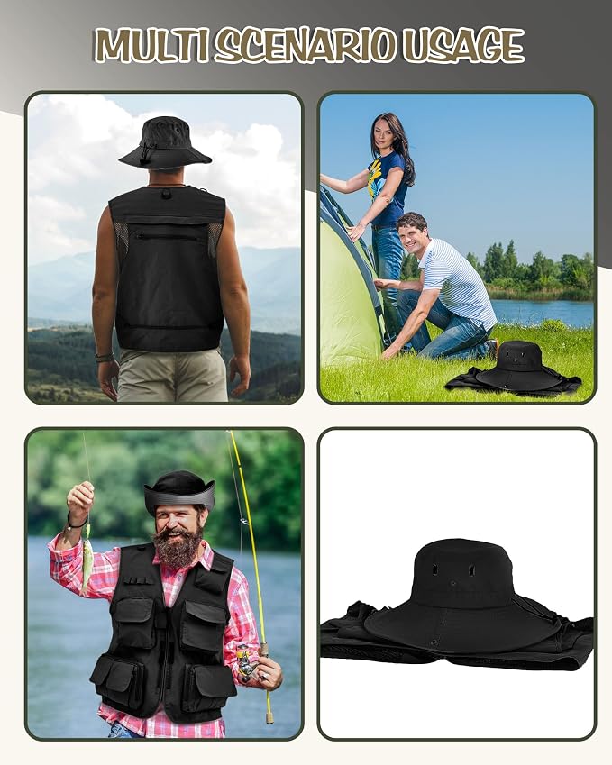Shihanee 2 Pcs Men's Fishing Vest Sun Hat Multi Pocket Safari Vest for Outdoor Hiking Summer Travel