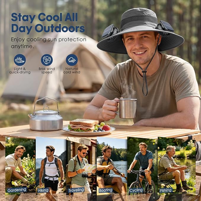 Solar Fan Hat, UPF 50+ Wide Brim Sun Hat with 2 Fans, Solar & USB Rechargeable, 3 Speeds for Fishing/Camping/Hiking/Gardening