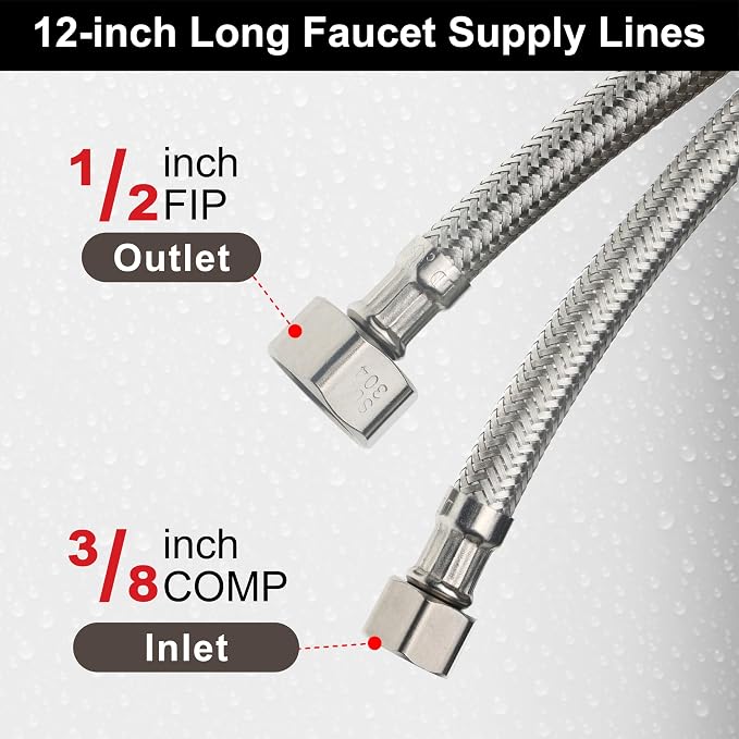 Midanya Faucet Supply Lines,12" Stainless Steel Braided Water Supply Line, 1/2" FIP x 3/8" COMP Faucet Hose, Faucet Hose Connector x 2 Pcs (1 Pair)