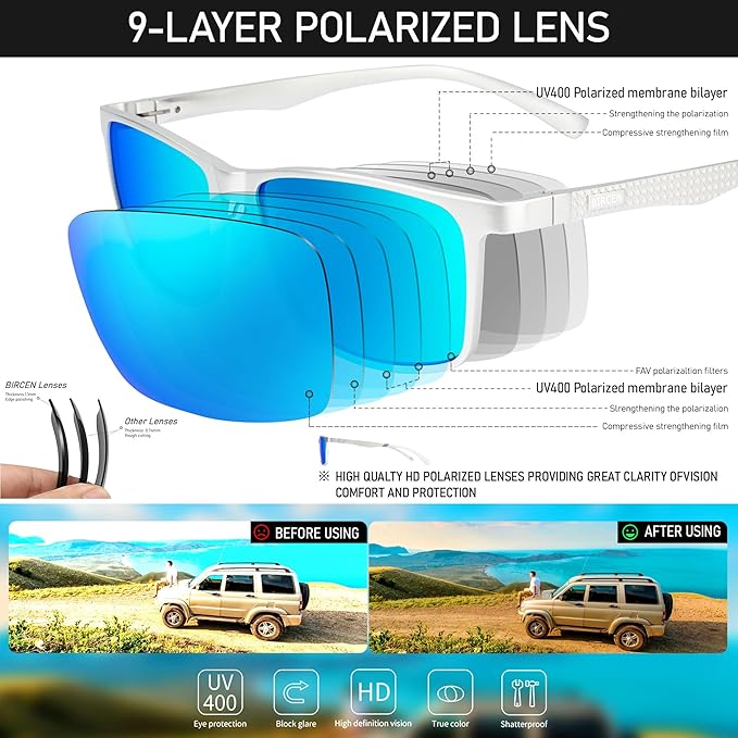 BIRCEN Polarized Mens Sunglasses for Driving: UV Protection Al-Mg Metal Sunglasses Lightweight Shades for Fishing Travel Golf