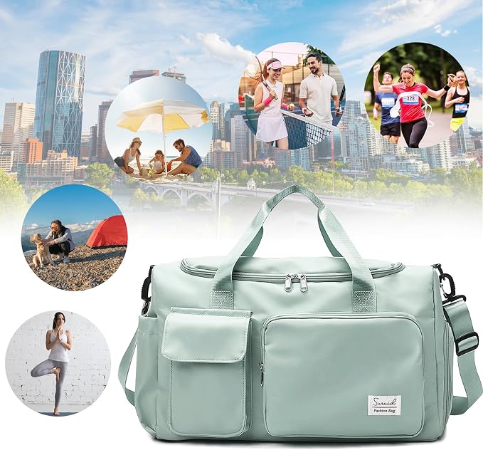 Suruid Travel Duffel Bag with Shoes Compartment Sports Gym Bag with Dry Wet Separated Pocket for Men and Women, Overnight Bag Weekender Bag Training Handbag Yoga Bag - Light Green