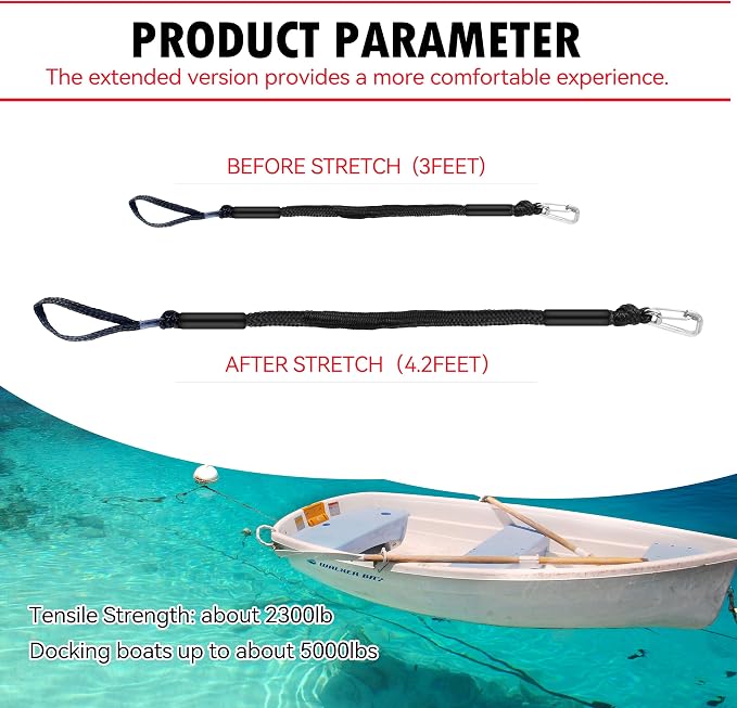 Boat Bungee Dock Lines – Adjustable Boat Tie Downs for Pontoon, Jet Ski, PWC, Kayak | Single Hook Small Cruiser Mooring Lines | (2, Black, 3 Feet)