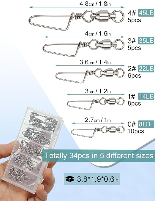 Avlcoaky Ball Bearing Swivels Snaps Fishing Swivels 34pcs/box Heavy Duty Snap Swivel Saltwater Barrel Swivel Fishing Tackle Quick Change Lure Clips Terminal Tackle Assortment for Redfish, Striped Bass