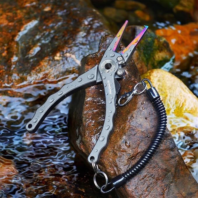 Fishing Pliers for Saltwater & Freshwater, with line Cutter, 6 or 7.5 inch, Hook Remover Pliers, SUS420 Jaws with Titanium Coating, Tungsten Carbide Cutter (Natural, 7.5 inch)