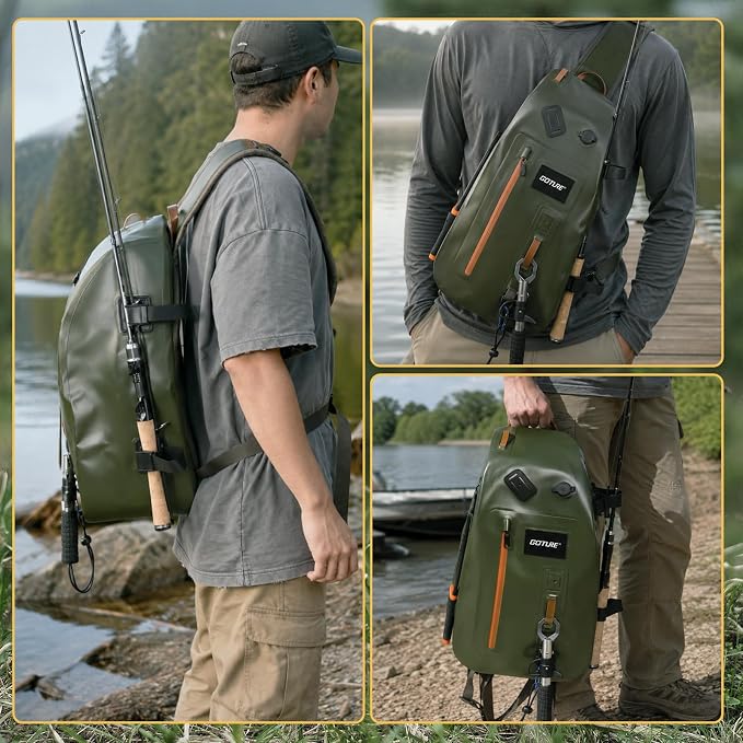 Goture Waterproof Fly Fishing Sling Pack, IPX8 840D TPU Fishing Sling Bag, 13L Tackle Backpack with Rod Holder,Airtight Zipper,Exhaust Valve,Adjustable Strap for Kayaking,Wadering,Hiking