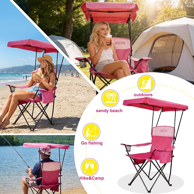YoungWood Camping Chair with Canopy, Beach Chair with Shade,Portable,Lightweight Oversized for All, Easy to Open and Close Without Installation, Side Pocket,cooling bag Design for All Activities,Pink