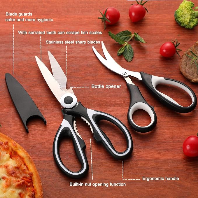 OMDAR 3 Pack Kitchen Scissors & Seafood Scissors Set, Sharp Kitchen Shears | All Purpose Stainless Steel Heavy Duty for Poultry Food Dishwasher Safe with Protective Sheath Comfort-Grip
