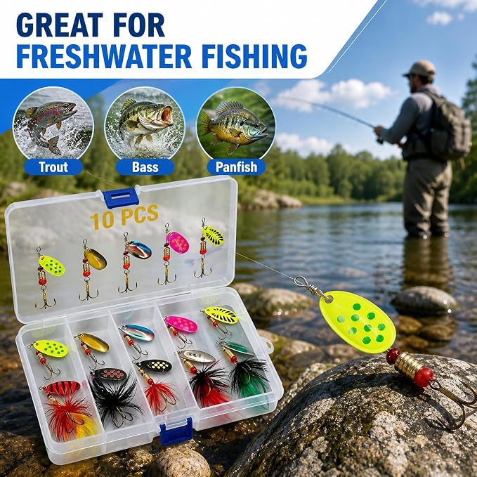 Fishing Spinner Lures Kit 10/15/16/20PCS, Inline Spinner Baits with Treble Hooks and Feather Tails, Metal Fishing Lures for Trout Bass Salmon Panfish, Multi-Color Freshwater Fishing Tackle Set