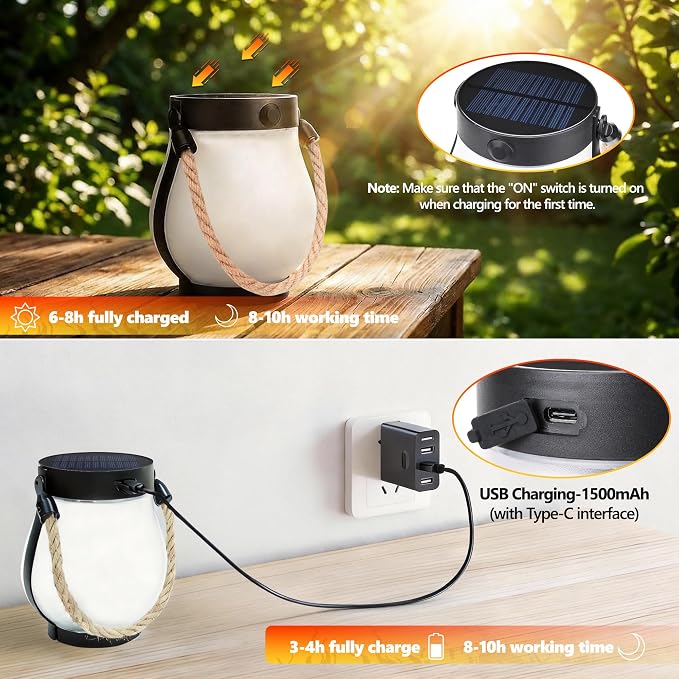 Toodour Solar Lanterns Outdoor Lights, 2 Pack Waterproof Flickering Flame Hanging Lanterns with 2 Modes, Dual Charging USB/Solar Solar Lights for Camping Patio Garden Yard Porch Deck Outdoor Decor