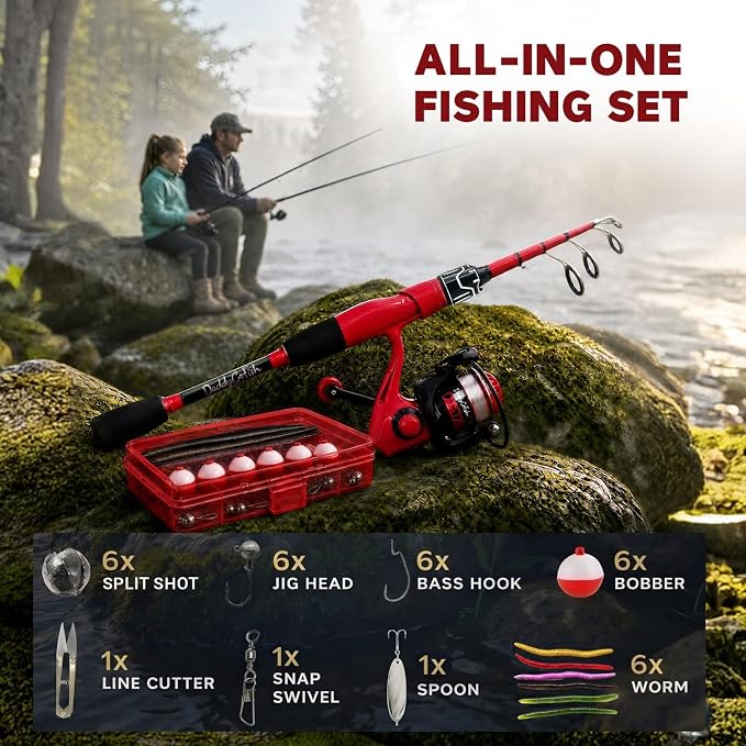 DaddyGoFish Spinning Fishing Rod and Reel Combo Set with Tackle Box | Kids Fishing Pole | Carbon Fiber Telescopic Fishing Rod Kit | Spinning Reel for Travel Saltwater Freshwater Fishing Gear Kit