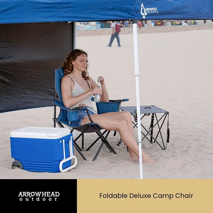 ARROWHEAD OUTDOOR Portable Deluxe Folding Camp Quad Chair w/Headrest, Glass & Cup Holders, Armest 6-can Cooler, Heavy Duty Carry Bag, 550 lbs Weight Capacity