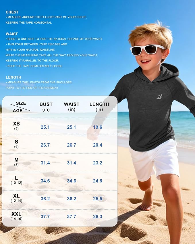 Roadbox Boys Rash Guard Hooded Fishing Shirt, Kids UPF 50+ Long Sleeve Sun Hoodie, Youth UV Protection Beach Swim Shirts