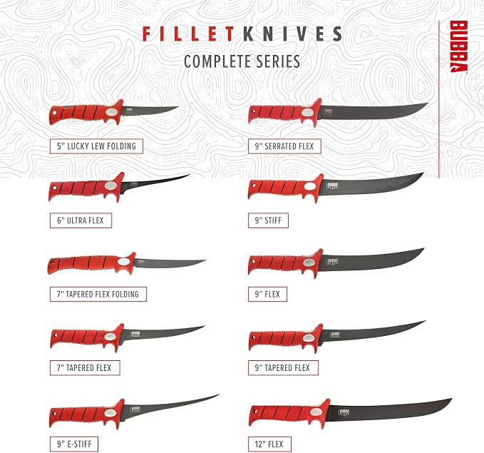 BUBBA 9 Inch Tapered Flex Fillet Knife with Non-Slip Grip Handle, Full Tang High Carbon Stainless Steel Titanium Coated Non-Stick Blade, Lanyard Hole and Synthetic Sheath for Fishing