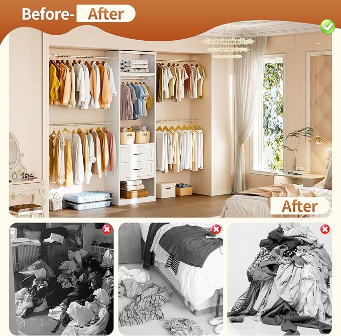 79"H Closet System, 2-8.2FT Metal Closet Organizer with 4 Expandable Hanging Rods, Walk In Closet Organizers and Storage, Clothes Closet with 5 Hanging Zones, 2 Drawers, 2 Shelving Towers