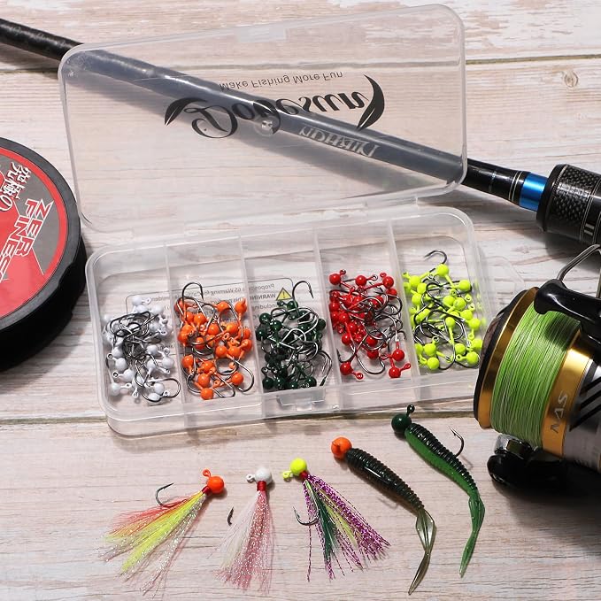Dovesun 100pcs Fly Tying Jigs Kit, Jig Heads for Fly Fishing 1/124oz 1/80oz 1/64oz 1/32oz 1/16oz Jig Head Small Fly Fishing Hooks DIY Lure Making Kit Suit for Tying Flies | Crappie Lures