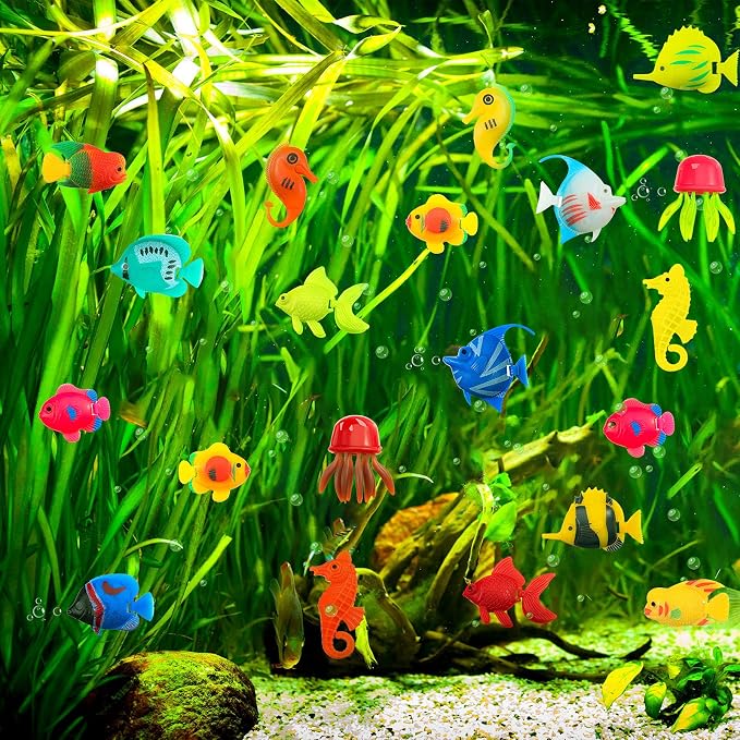 Weewooday 20 Pcs Artificial Moving Fishes Plastic Floating Lifelike Fish Tank Ornament Aquarium Decorations (Jellyfish and Seahorses)