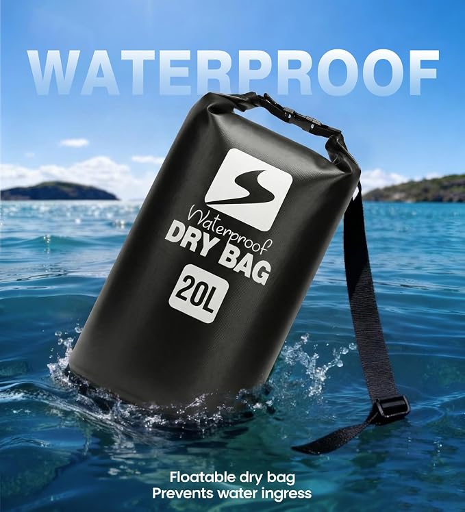 Soulsfeng Waterproof Dry Bag Backpack, Roll Top Floating Dry Storage Bag with Phone Case, Lightweight Dry Sack for Kayaking, Boating, Beach, Travel, Camping 10L, Black