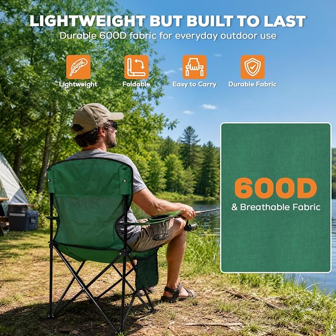 Romswi 2 Pack Camping Chairs Support 400LBS, Heavy Duty Folding Chair with 4-Can Cooler Bag, Portable Outdoor Chair with Cup Holder for Lawn, Beach, Fishing, Green