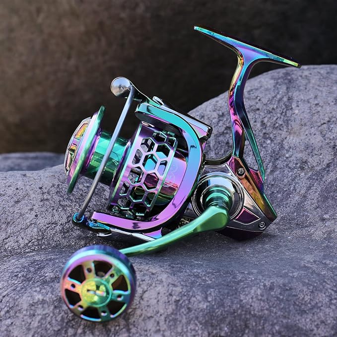 Sougayilang Fishing Reel, Colorful Aluminum Frame Spinning Reels with - 12+1 Stainless BB, Oversize Aluminum Handle for Saltwater or Freshwater Fishing