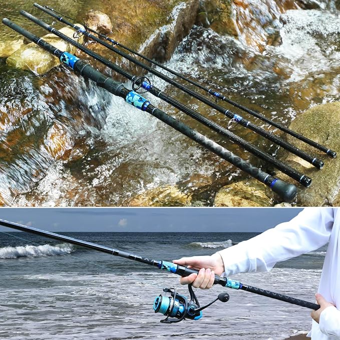 Sougayilang Surf Fishing Rod Portable Travel MH/H Surf Spinning Rod 4 Piece Carbon Fiber Saltwater Fishing Rod 10'/11'/12'/15'