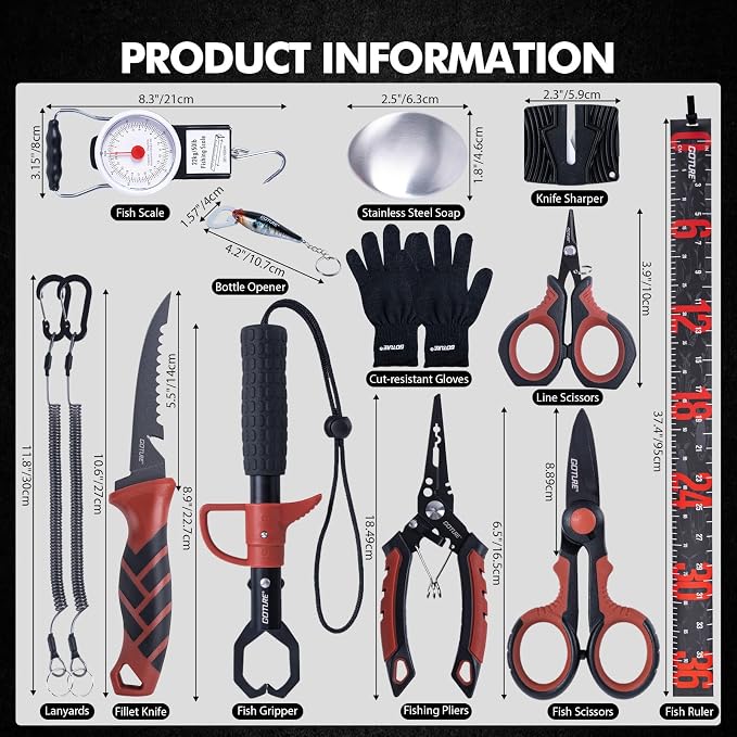 Goture Fishing Tool Kit,Fishing Pliers,Fillet Knife with Sheath,Fish Lip Gripper,Fish Hook Remover,Lanyard,Line Scissors,Sharpener,Stainless Steel Soap,Saltwater Gear Kit,Red/Pink,Gifts for Men/Women