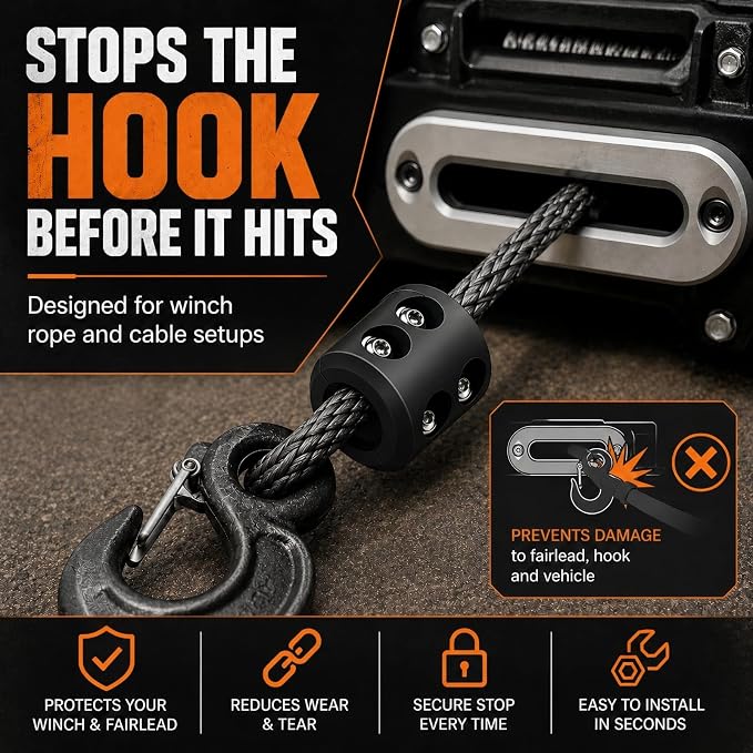 Bonison Winch Stopper for Cable. Truck UTV ATV Rubber Winch Cable Stopper, Protects Towing Hook, Synthetic Rope, Cable Line from Wear or Damage, Hawse, Bumper. (Black Winch Stopper)