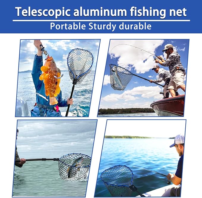 Telescoping Metal Lock Fishing Net Blue Aluminum Alloy Rubber Fish Net - Adjustable Length Lightweight Foldable Large Fishing Net with Handle Collapsible Extendable Fishing Accessories