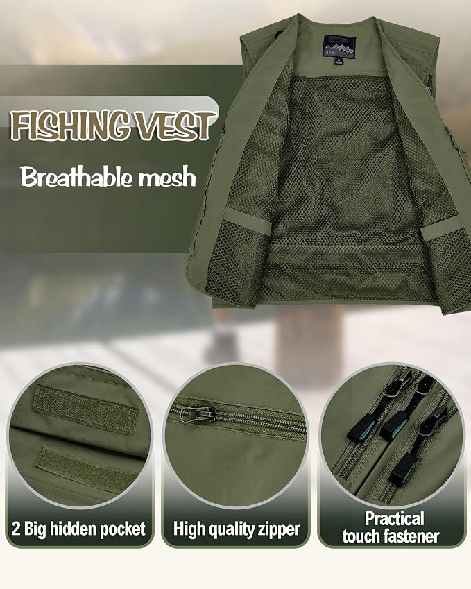 Shihanee 2 Pcs Men's Fishing Vest Sun Hat Multi Pocket Safari Vest for Outdoor Hiking Summer Travel