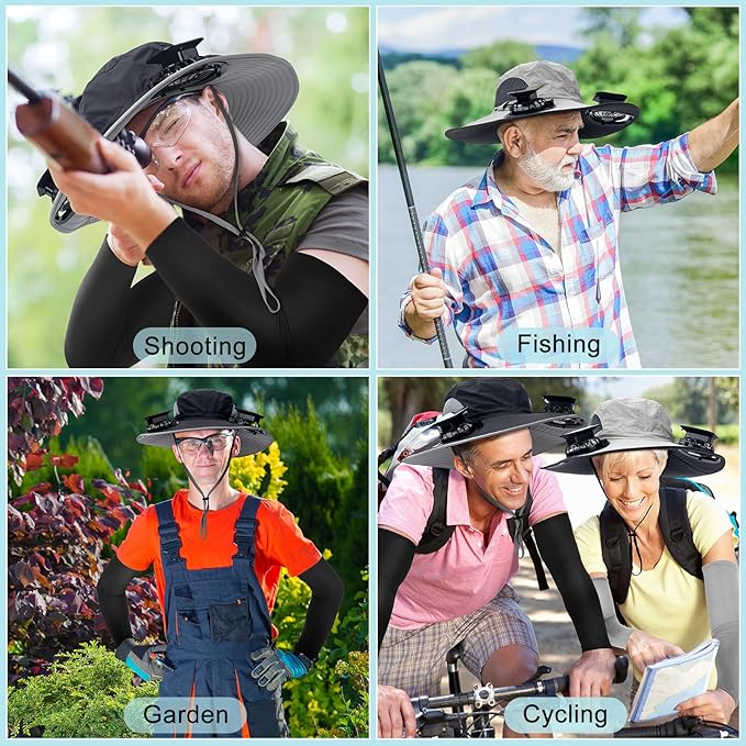 Glitopper 2 Set Wide Brim Solar Fan Hats with 2 Solar Fan and Arm Sleeves Set Outdoor Fishing Bucket Hat for Men Women Hiking